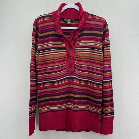 Y2K Eddie Bauer Henley Button Sweater Womens Large Red Brown Pink Stripe Ribbed - Picture 1 of 7